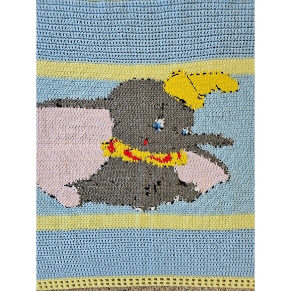 Handmade Dumbo Baby Blanket Crochet Blue Yellow Soft Knit Elephant Nursery Decor - Picture 11 of 13